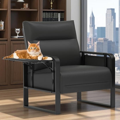 Faux Leather Accent Chair, Upholstered Armchair with Side Tray & Pocket, Comfy Reading Chair for Living Room, Bedroom, Guest Room, Black