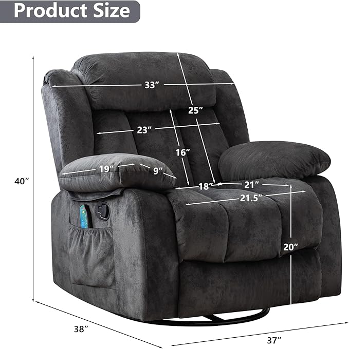 CANMOV Massage Swivel Rocker Recliner Chair with Heat and Vibration,360 Degree Manual Swivel Rocking Recliners with Side Pocket, Comfy Fabric Single Sofa Reclining Chair for Living Room, Grey