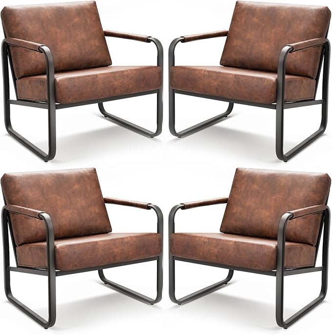 PrimeZone Mid-Century Modern Accent Chair Set of 4 - Comfy Faux Leather Living Room Chair, Lounge Armchair with Extra Soft Padded & Cushion, Ergonomic Accent Chair for Bedroom, Office, Brown