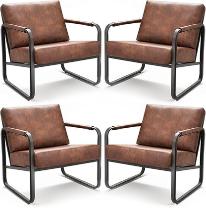 PrimeZone Mid-Century Modern Accent Chair Set of 4 - Comfy Faux Leather Living Room Chair, Lounge Armchair with Extra Soft Padded & Cushion, Ergonomic Accent Chair for Bedroom, Office, Brown