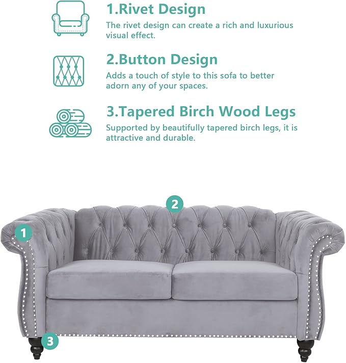 2 Piece Living Room Furniture Set, Velvet Loveseat and Chair Set, Mid Century Modern Upholstered Sofa Couch with Cushions, Comfy Tufted Chesterfield Couches for Living Room, Bedroom, Office