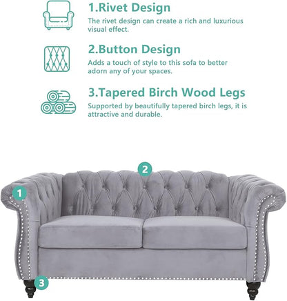 2 Piece Living Room Furniture Set, Velvet Loveseat and Chair Set, Mid Century Modern Upholstered Sofa Couch with Cushions, Comfy Tufted Chesterfield Couches for Living Room, Bedroom, Office