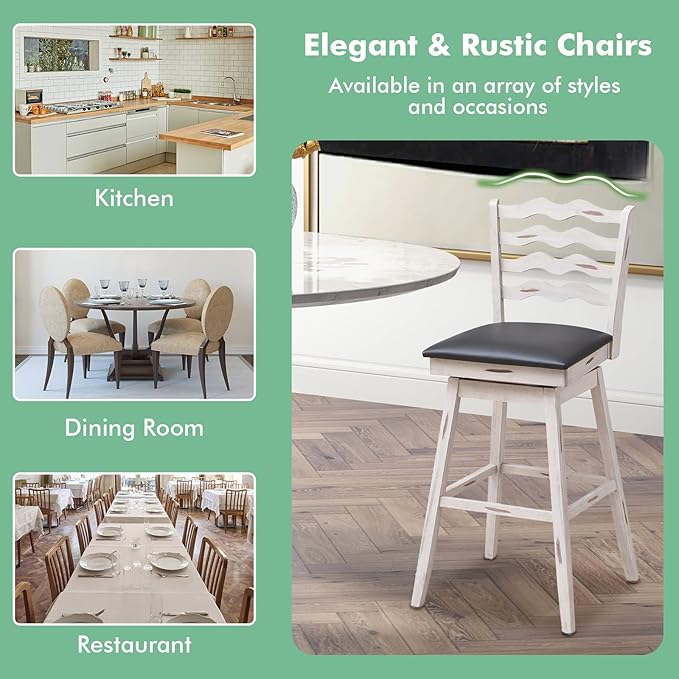 COSTWAY Bar Stools Set of 4, 29” 360° Swivel Bar Height Chairs with Rubber Wood Frame, Cushioned Seat, Ergonomic Backrest & Footrest, Wooden Upholstered Barstools for Kitchen Island (4, 29”)