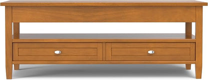 SIMPLIHOME Warm Shaker Lift Top Coffee Table - 48 inch Wide Solid Wood Cocktail Table in Light Golden Brown, Transitional Living Room Table with Hidden Storage, 2 Drawers, and Open Shelf