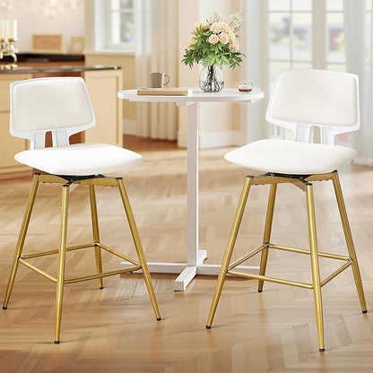 VECELO Swivel Upholstered Bar Stools Set of 4, Counter Height Barstools with Back, Metal Legs, 35.2-Inch Tall Barstools for Kitchen Island, Home Bar, Cafe, White