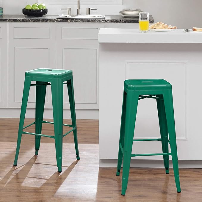 Furniwell 30 Inches Metal Bar Stools High Backless Tolix Indoor-Outdoor Stackable Barstool with Square Counter Seat Set of 4 (Green)