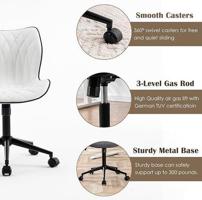 YOUNUOKE Armless Desk Chair Comfy Office Chair with Wheels Home Ergonomic Task Chair Adjustable Computer Chairs Modern Faux Leather Swivel Chair Upholstered Makeup Vanity Chair with Back(White)