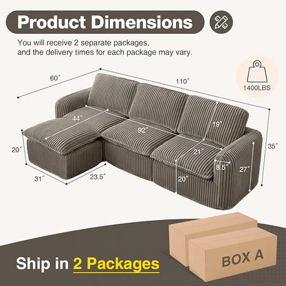 110'' Boneless Modular Cloud Couch for Living Room, Comfy Cloud Modular Sectional Couch with Ottoman, Convertible L Shaped Couches for Apartment, Dorm, No Assembly Required, Camel Corduroy