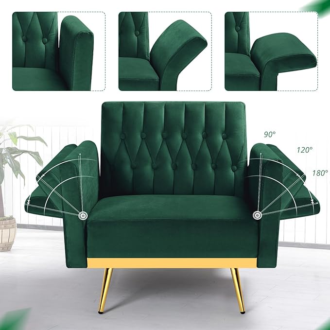 Velvet Accent Chair with Adjustable Armrests and Backrest, Button Tufted Lounge Chair, Single Recliner Armchair with Ottoman and Pillow for Living Room, Bedroom, Green