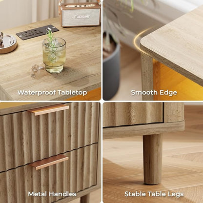 Fluted Nightstand with Charging Station, Multifunctional 3 Drawers Storage Bedside Table, Solid Wood Modern Nightstand, Curved Profile Design, End Table for Indoor Room Bedroom Office, Oak
