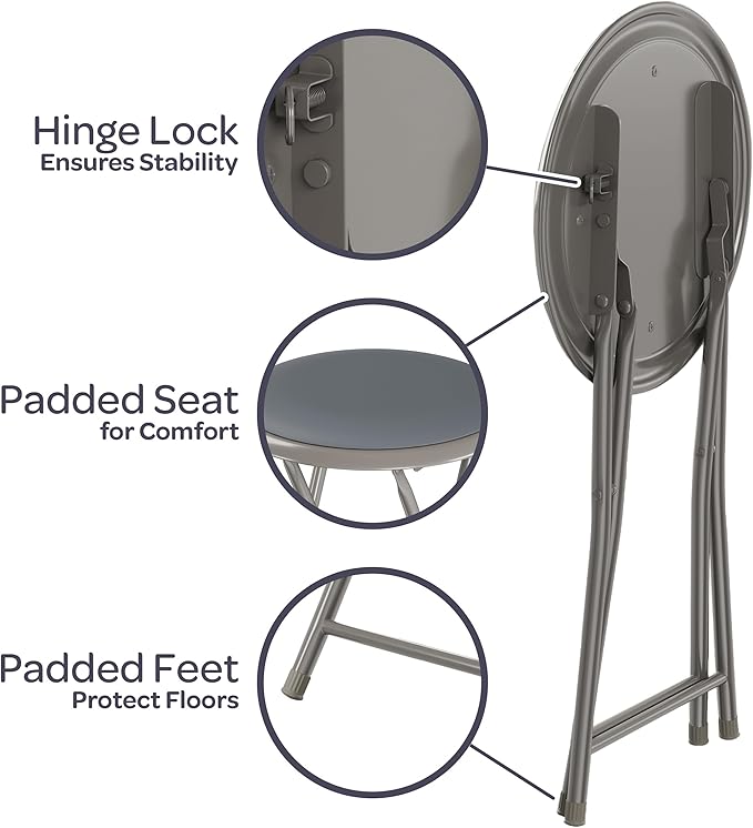 Folding Bar Stools - Set of 4 Heavy-Duty 18-Inch Stool with 225lb Capacity and Padded Seats for Dorm, Recreation or Game Room by Lavish Home (Gray)
