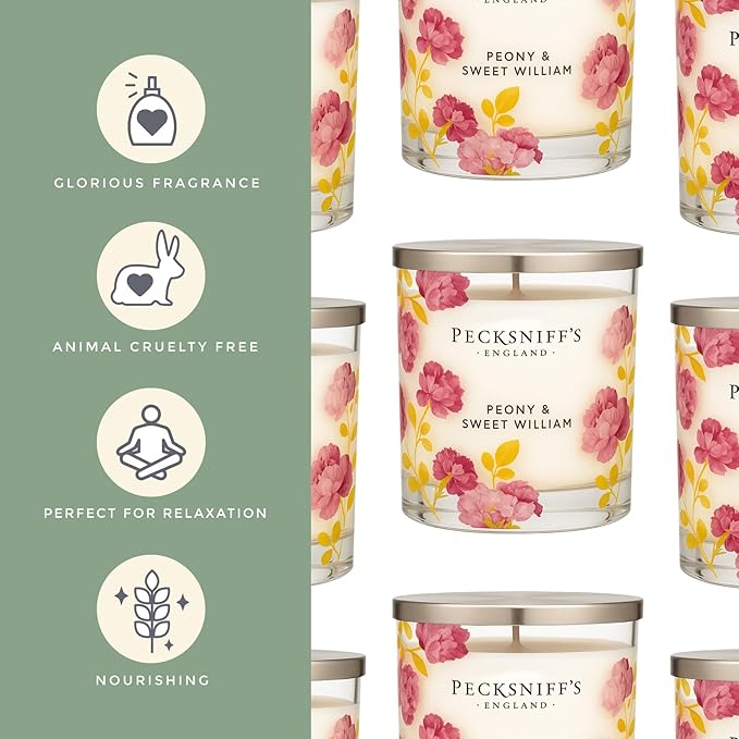 Pecksniff’s 1 Wick Candle – Peony & Sweet William, 184 g / 6.49 oz – Long Lasting Burn, Elegant Home Decor & Relaxing Ambiance