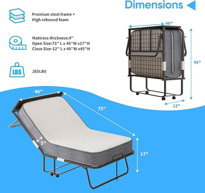 Mjkone Folding Bed with Mattress, Rollaway Bed for Adults with Headborad & Dustproof Bag, 5 Inch Portable Fold Up Bed for Guests with Casters, Foldable Frame, Space Saving for Bedroom（75" x 46"）