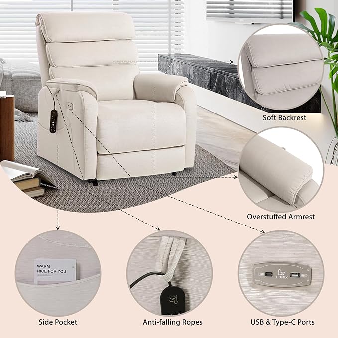 EONIX Wide Lay Flat Power Lift Recliner Chair for Elderly, Heavy Duty Oversized Fabric Lift Chairs Recliner Sofa with Heat and Massage and Charging Ports, Chenille White