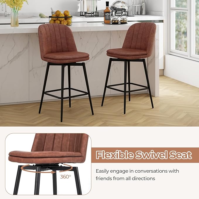 COSTWAY Bar Stool Set of 4, 27 Inch Swivel Counter Height Chair with Padded Seat, Metal Legs & Footrest, PU Leather Bar Chair for Kitchen Island (4)