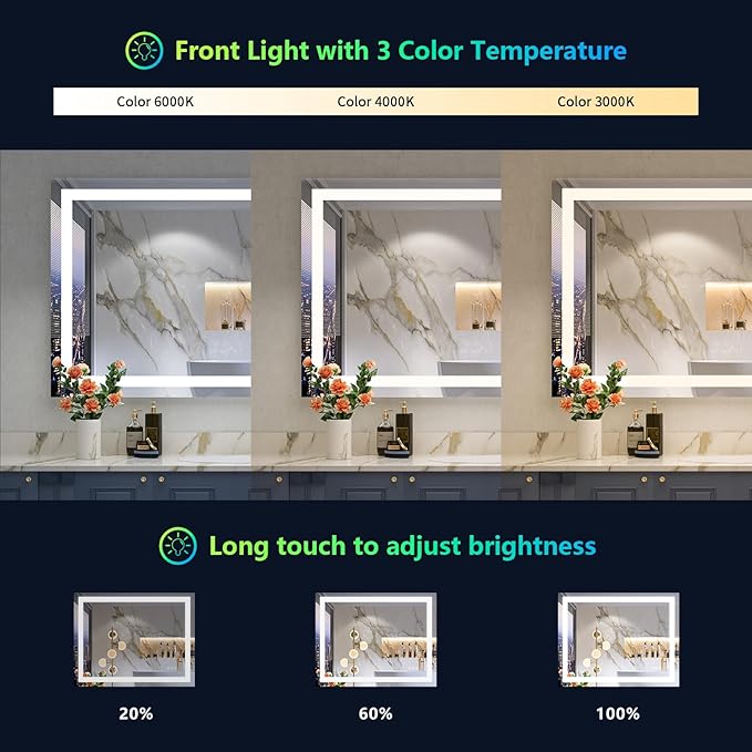 24x36 Inch RGB LED Bathroom Mirror Front Light and RGB Backlit Lighted Vanity Mirror for Bathroom Wall Mounted Dimmable Anti Fog Memory Shatter-Proof IP54 Waterproof Horizontal/Vertical