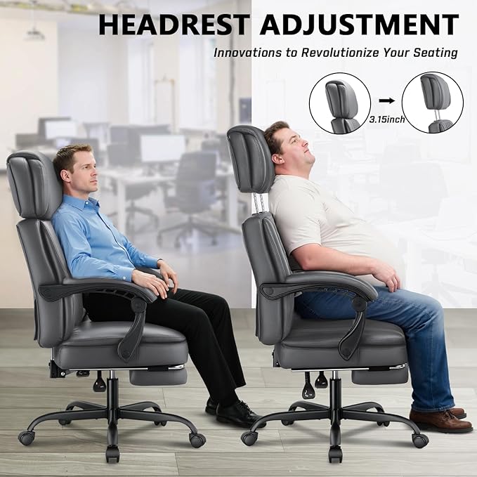 400lbs Office Chair with Foot Rest, Ergonomic Big and Tall Office Chair with Adjustable Headrest, High Back PU Leather Computer Chair,Comfy Heavy Duty Office Desk Chair (Classic Grey)