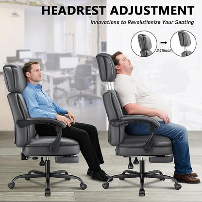 400lbs Office Chair with Foot Rest, Ergonomic Big and Tall Office Chair with Adjustable Headrest, High Back PU Leather Computer Chair,Comfy Heavy Duty Office Desk Chair (Classic Grey)