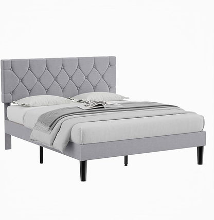 VECELO Full Bed Frame with Headboard, Upholstered Platform Bedframe with Wooden Slat Support, Button Tufted Design, No Box Spring Needed, Linen Grey