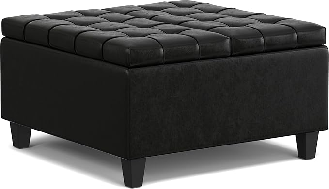 SIMPLIHOME Harrison 30 inch Wide Transitional Square Small Coffee Table Storage Ottoman in Midnight Black Vegan Faux Leather, Assembled, for The Living Room and Bedroom