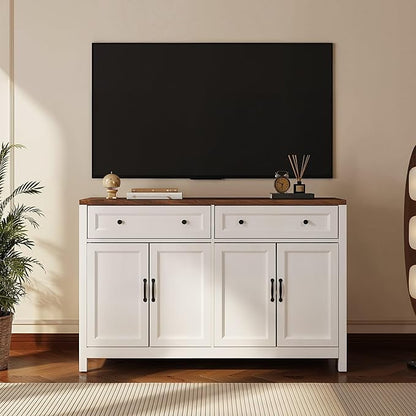 Gizoon Farmhouse Kitchen Sideboard Buffet Cabinet with Storage, Wood Coffee Bar and Storage Sideboard with Drawers and Doors for Kitchen, Dining Room, 15.7" D x 55.1" W x 35.3" H, White/Rustic Brown