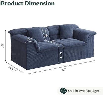 81" Sofa with Deep Seats Oversize, 2 Seater Cloud Couches, Upholstered Corduroy Loveseat for Living Room Bedroom, No Assembly Required, Blue