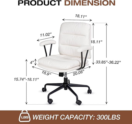 White Leather Desk Chair with Arms,Modern Office Chair with Lumbar Support,Removable Armrests, Height-Adjustable Swivel Medium Computer Chair for Home, Office, Dresser, Bedroom