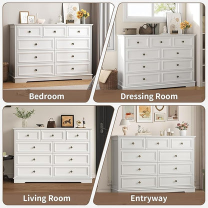 9 Drawer Dressers for Bedroom, 51" Wide Wood Chest of Drawers, Farmhouse Bedroom Dressers with Drawers, Modern Dresser TV Stand, Retro Design, for Living Room, Dressing Room, Hallway, White