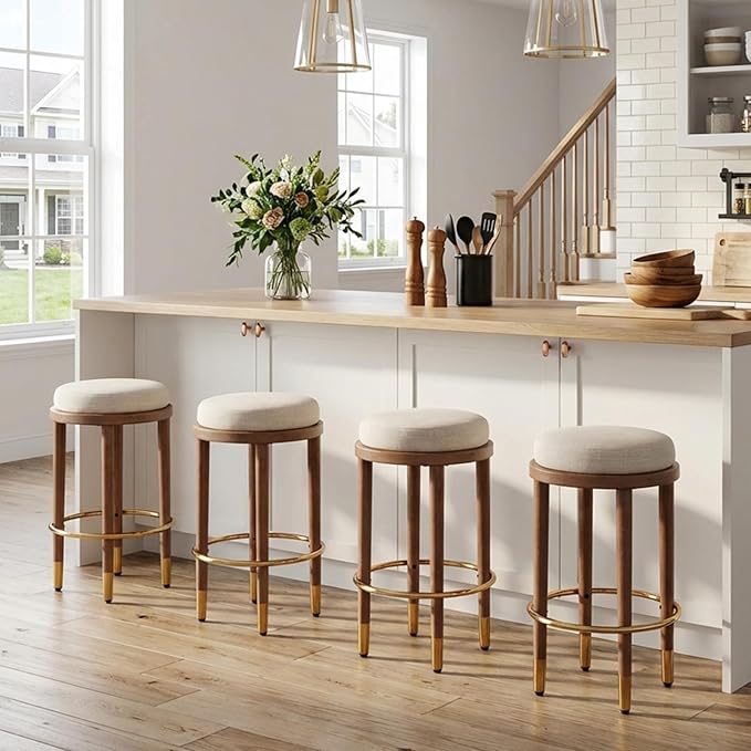 26’’ Rustic Backless Bar Stools with Metal Gold Footrest Counter Height Barstools Set of 4 Modern Round Farmhouse Beige Linen Upholstered Wooden Stools with Natural Solid Wood Legs for Kitchen Island