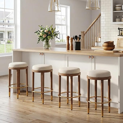26’’ Rustic Backless Bar Stools with Metal Gold Footrest Counter Height Barstools Set of 4 Modern Round Farmhouse Beige Linen Upholstered Wooden Stools with Natural Solid Wood Legs for Kitchen Island
