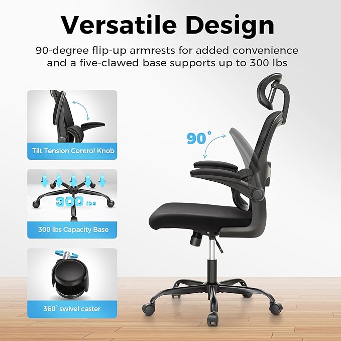MAISON ARTS Ergonomic Office Chair, Breathable Mesh Computer Chair with Lumbar Support and Flip up Armrests, Black High Back Office Chair Executive Desk Chair with Wheels for Home Office