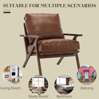 Brown Leather Accent Chair and Ottoman, Mid Century Modern Arm Chair, Retro Upholstered Armchair with Wood Frame & Removable PU Cushions, Large Leisure Slipper Chair for Living Room/Bedroom, Set of 2