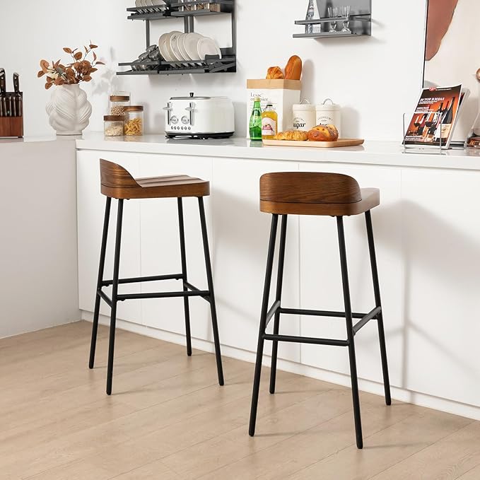 COSTWAY Bar Stool Set of 4, 29'' Industrial Pub Stool with Low Backrest and Footrest, Metal Legs, Breakfast Counter Height Chair for Island Living Room Kitchen Bar, Rustic Brown & Black