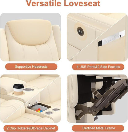 Loveseat Recliner Sofa, Beige PU Leather Double Recliner Loveseat with Console, Cup Holders, Storage & USB Ports, Ergonomics，Manual Reclining Sofa Couch for Living Room, RV