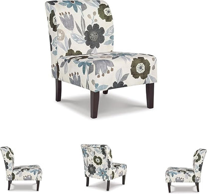 Signature Design by Ashley Triptis Floral Armless Accent Chair with Attached Cushions, Fabric Upholstery, Wood Legs, 16.63" Seat Height, White, Blue & Gray