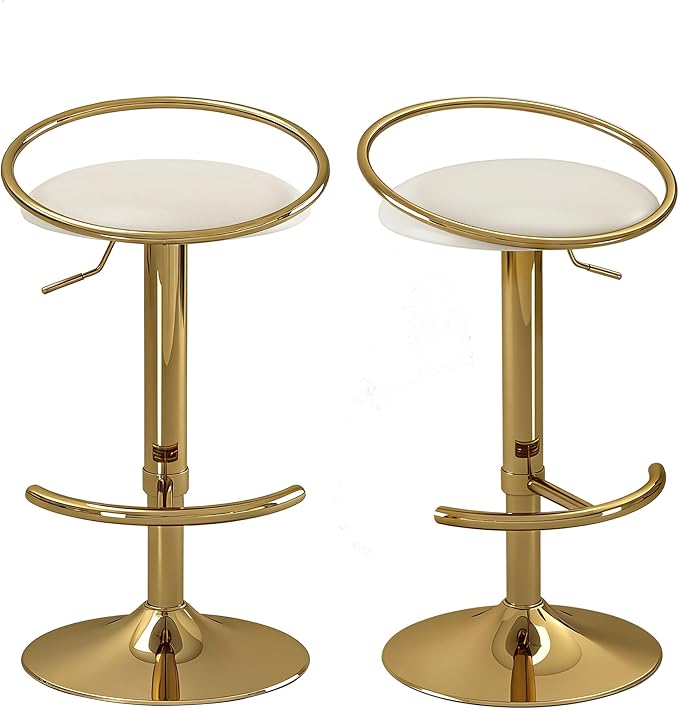 Bar Stools Set of 2, Adjustable Swivel Counter Height Barstools with Upholstered Seat, PU Leather Counter Stools for Bar, Kitchen Island, Dining Room, Gold