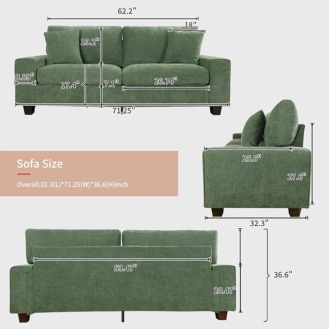 DOPEDIO Modern Loveseat Sofa for Living Room,Chenille Recliner, Removable Cover, Spring Cushions, Solid Wood Frame, Easy Assembly for Small Spaces (71.25inch，Green)