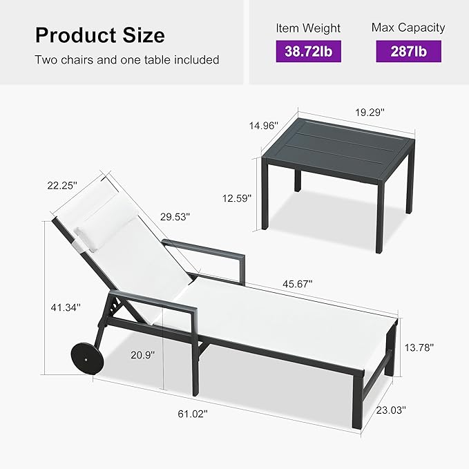 PURPLE LEAF Patio Lounge Chair Set of 3 Outdoor Chaise Lounger Aluminum Frame with Armrest Side Table and Wheels for Pool Outside Sunbathing Tanning Recliner Including Pillows White