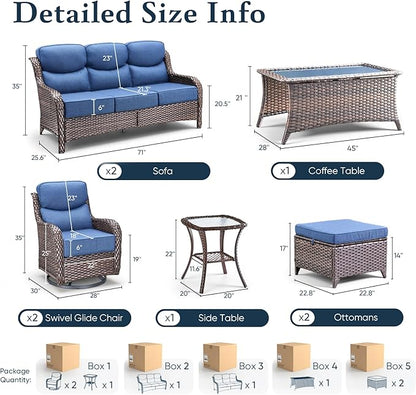 Belord Luxury 6" Thick Cushioned 8 Pieces Patio Furniture Set with Outdoor Couch, Wicker Outdoor Conversation Set with High Back Swivel Rocker Chairs for Deck Porch Yard and Poolside - Brown+Blue