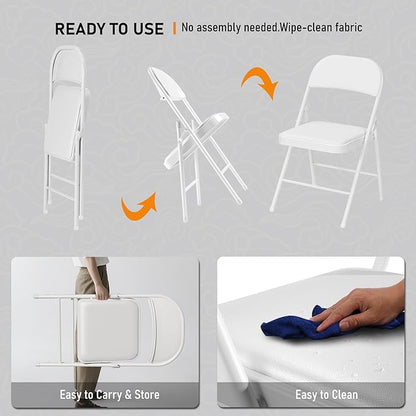 SEALAMB 6 Pack White Folding Chairs with Padded Seats & Cushion, Durable Metal Foldable Chairs for Wedding Party, Commercial Chairs for Office School Church Events, 330lb Capacity (White-PU, 6 Pack)
