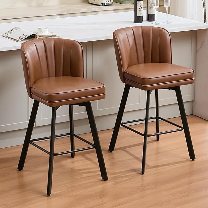 Swivel Counter Height Bar Stools Set of 3, 30'' Modern Barstools with Backs and Metal Legs, Upholstered Bar Chairs, Faux Leather Dark Brown Stools for Kitchen Island Chairs