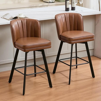 Swivel Counter Height Bar Stools Set of 3, 30'' Modern Barstools with Backs and Metal Legs, Upholstered Bar Chairs, Faux Leather Dark Brown Stools for Kitchen Island Chairs