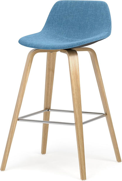 SIMPLIHOME Randolph Counter Stools (Set of 2) - 28 Inch Seat Height Upholstered Bentwood Kitchen Seats in Medium Blue Polyester Linen, Mid Century Modern Seating with Curved Backrest and Footrest