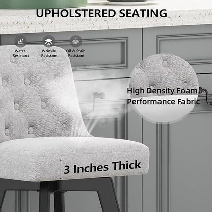MINCETA Bar Stools Set of 4, 26 Inch Upholstered Barstools with Low Tufted Back and Footrest, Swivel Counter Height Barstools for Kitchen Island Home Bar Performance Fabric Greige