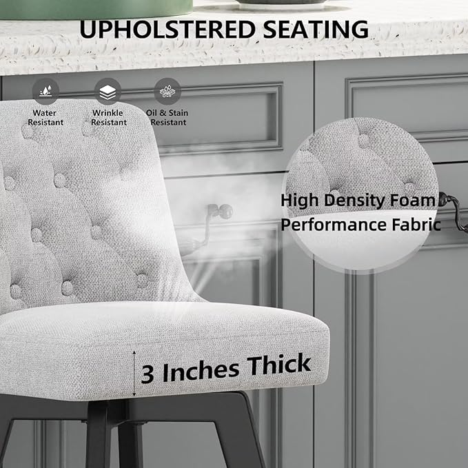 MINCETA Bar Stools Set of 2, 26 Inch Upholstered Barstools with Low Tufted Back and Footrest, Swivel Counter Height Barstools for Kitchen Island Home Bar Performance Fabric Greige