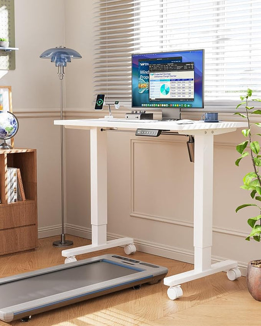HUANUO Electric Small Standing Desk, 35" x 24" Whole Piece Desktop, Adjustable Height Computer Desk, 4 Height Memory Settings, Sit Stand Up Desk for Home Office, White