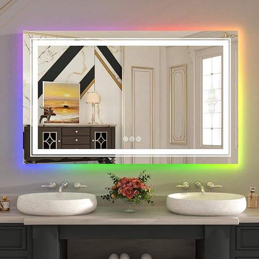 WTTY LED Bathroom Mirror 48"x30" with RGB Backlit and Front Light,Stepless Dimmable LED Mirror for Bathroom,Lighted Bathroom Vanity Mirror,Anti-Fog,Memory Function,Shatter-Proof,Wall Mounted