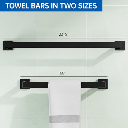 5-Pieces Bathroom Hardware Set, SUS304 Stainless Steel Wall Mounted 16 Inch Towel Bar, Toilet Paper Holder, Towel Hooks, Bathroom Towel Bar Set (Matte Black (Type 2), 5 Piece-16 inch)