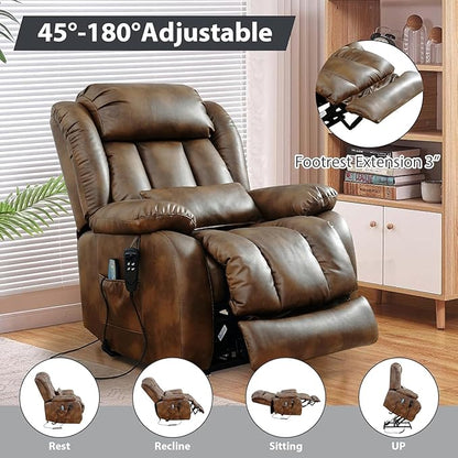 EDILLY Large Genuine Leather Power Lift Recliner Chair for Elderly, Dual Motor with Massage and Heating,with Double Lumbar Cushion and Extended Footrest,USB Port and Remote(Ocher)