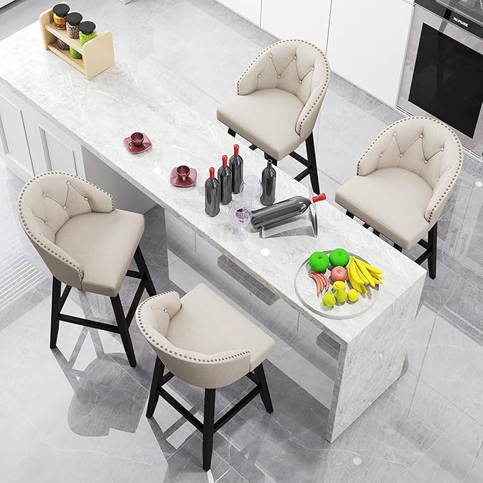 COSTWAY Bar Stools Set of 4, 31’’ Swivel Bar Stools with Rubber Wood Legs & Padded Back, Breathable Linen Fabric, Stylish Tufted Design & Rivet Decoration, Adjustable Foot Pads (4, Beige + Brown)